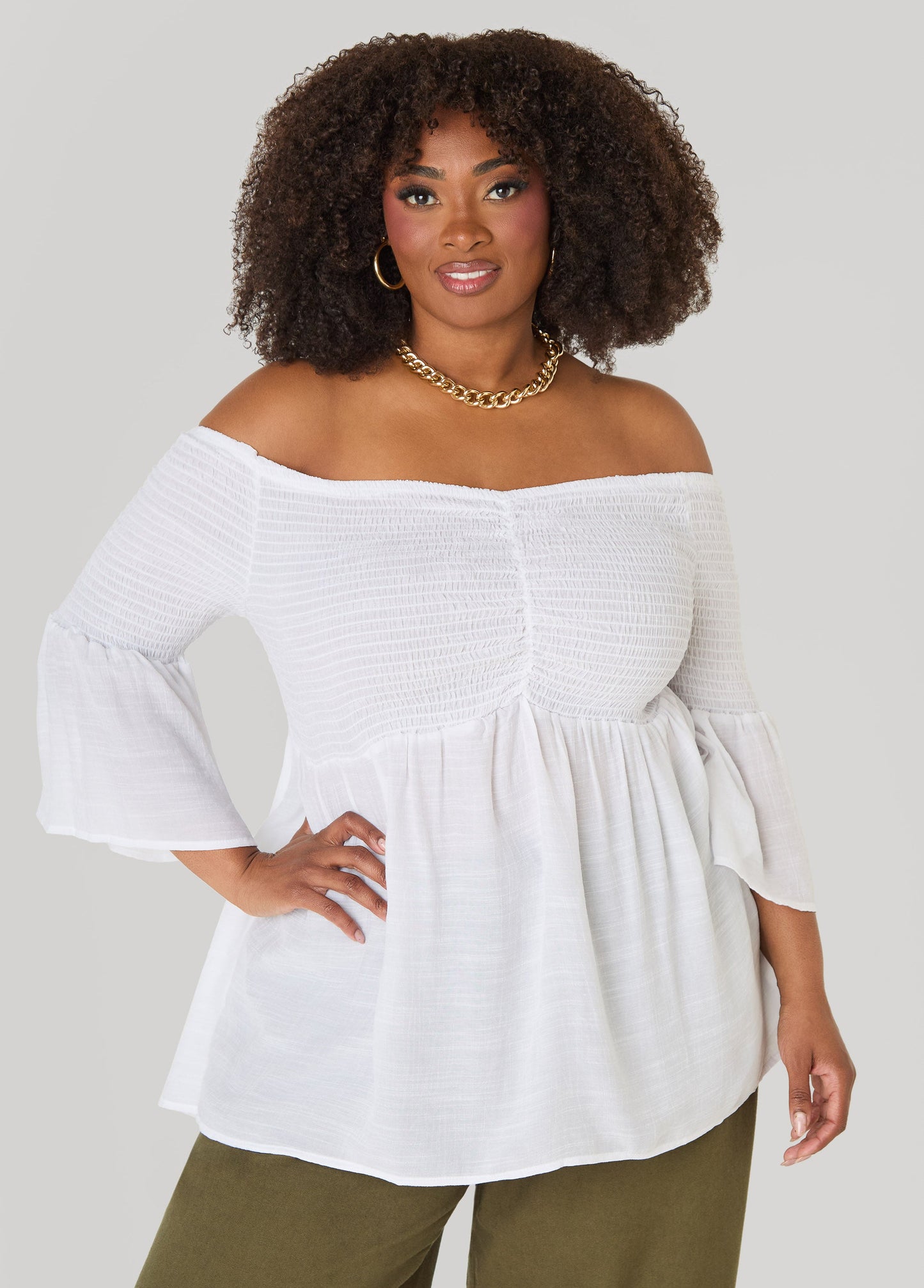Ashley Stewart Off The Shoulder Smocked Top White