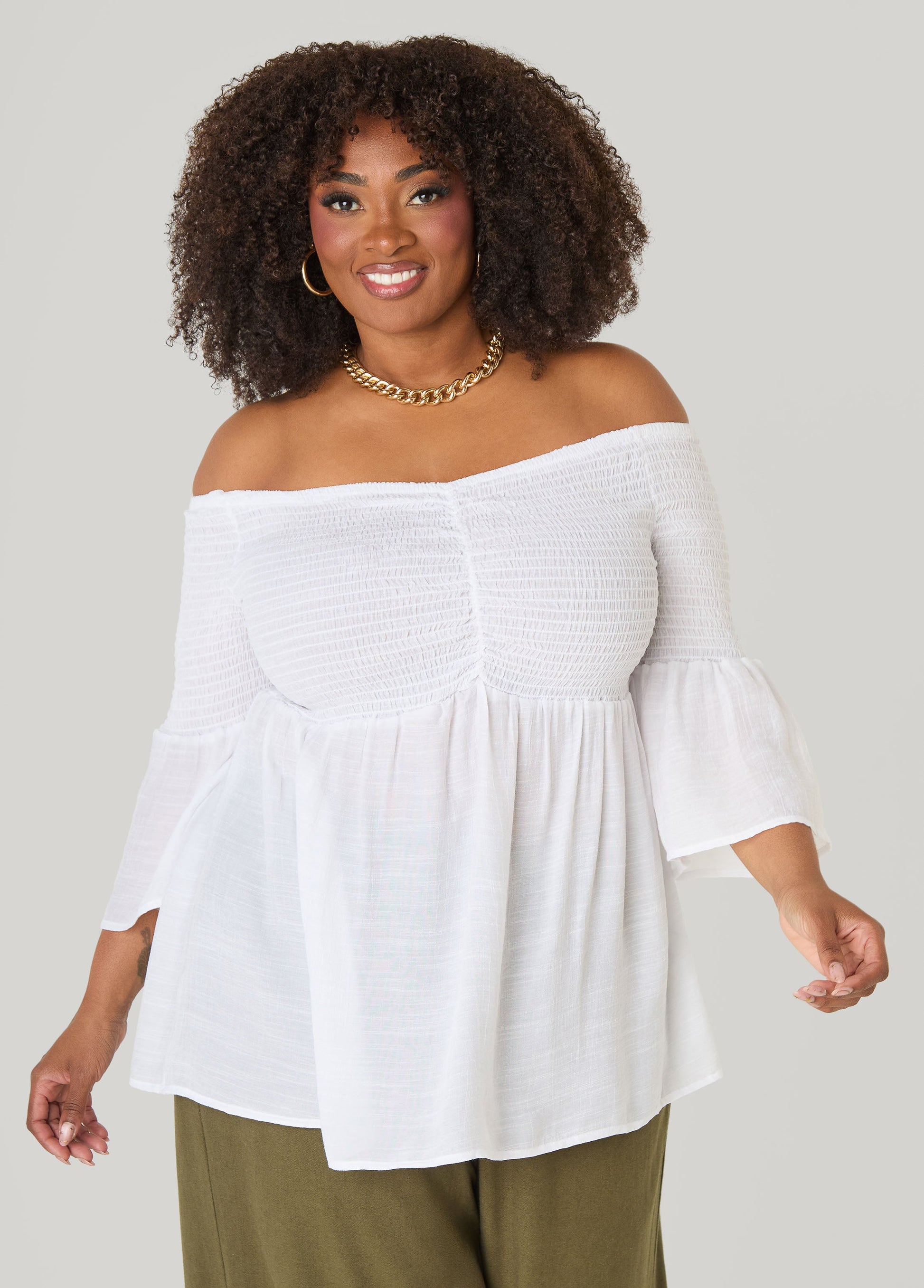 Ashley Stewart Off The Shoulder Smocked Top White