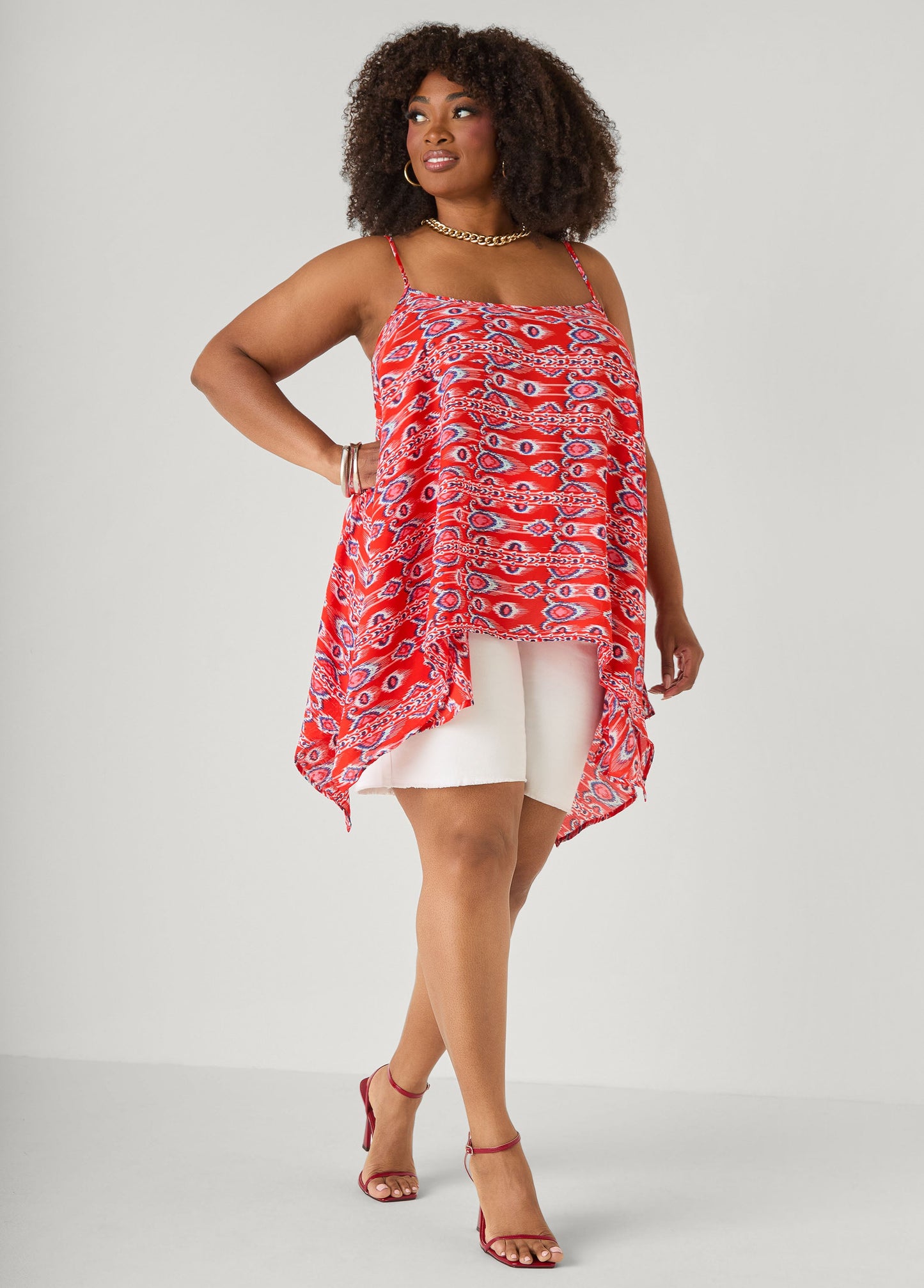 Ashley Stewart Printed Handkerchief Tank Red