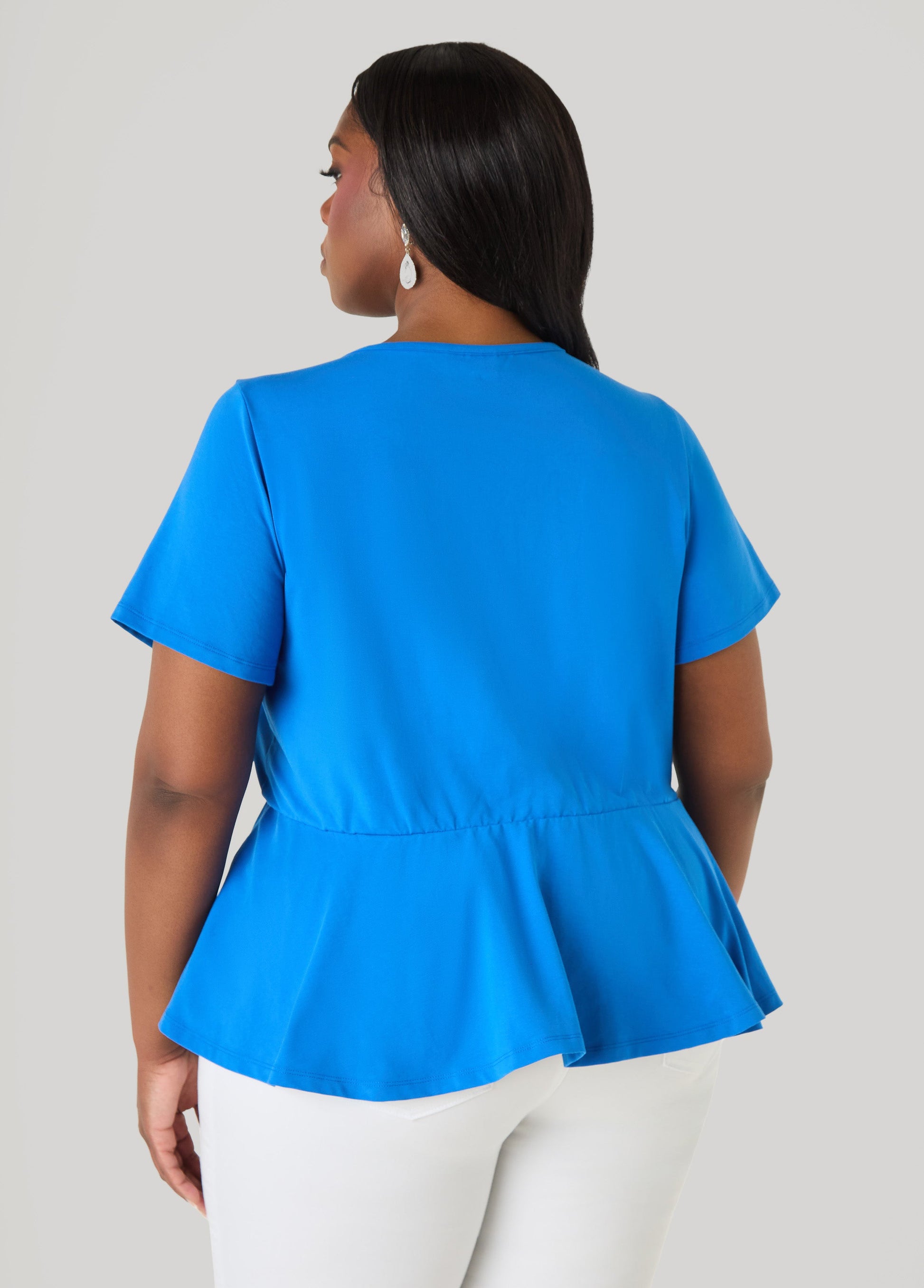 Ashley Stewart Crystal Appliqued Peplum Top Victoria Blue