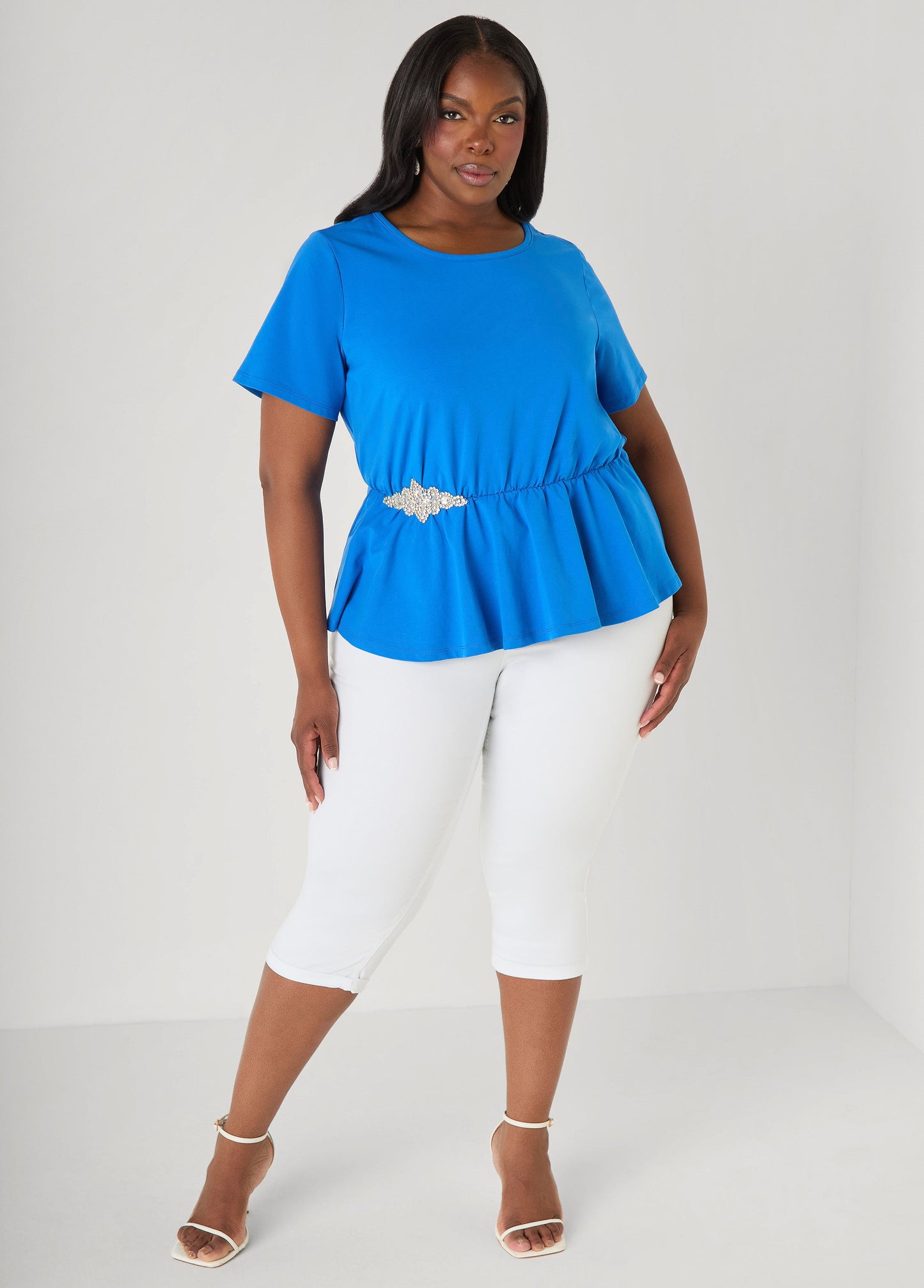 Ashley Stewart Crystal Appliqued Peplum Top Victoria Blue