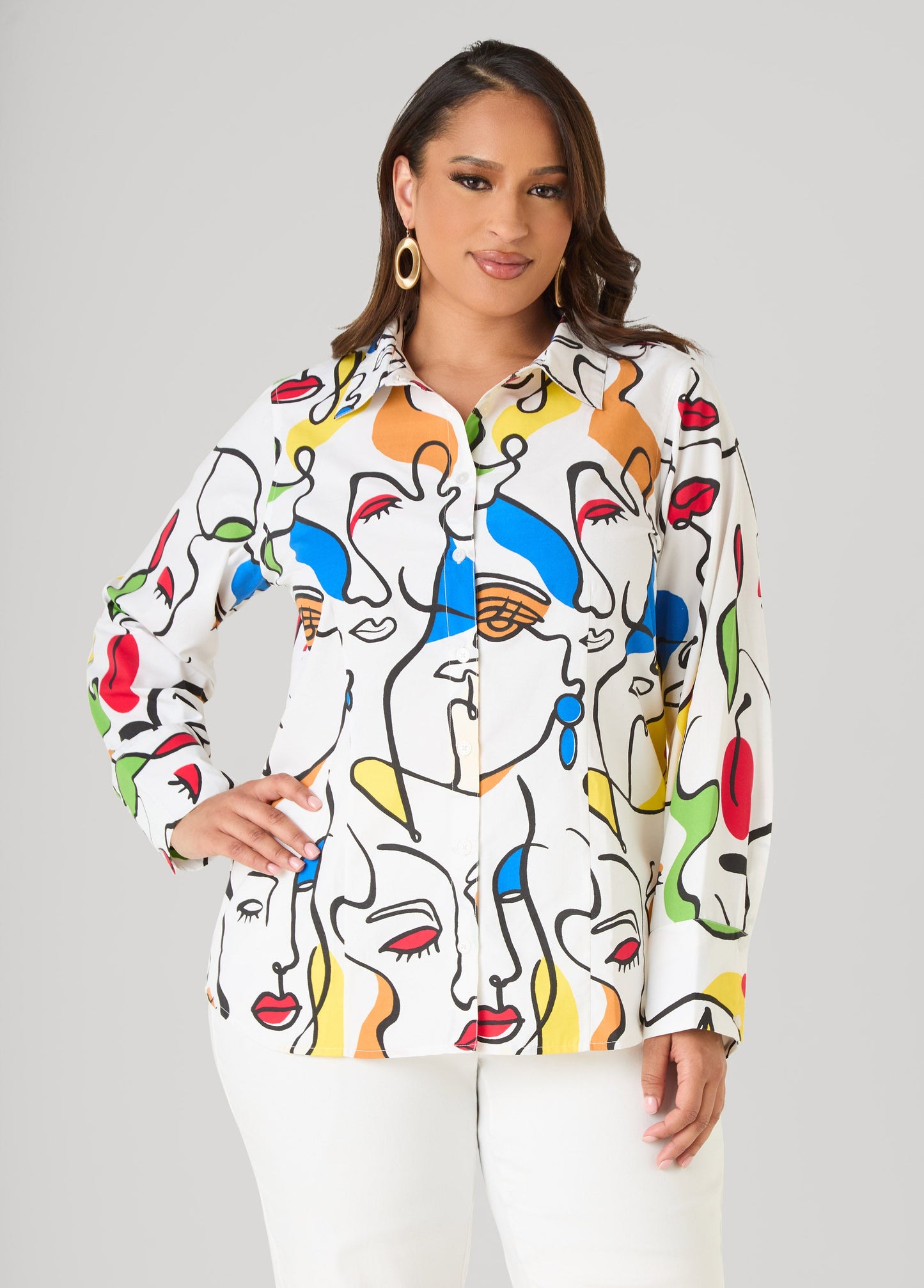 Ashley Stewart Face Print Collared Shirt White