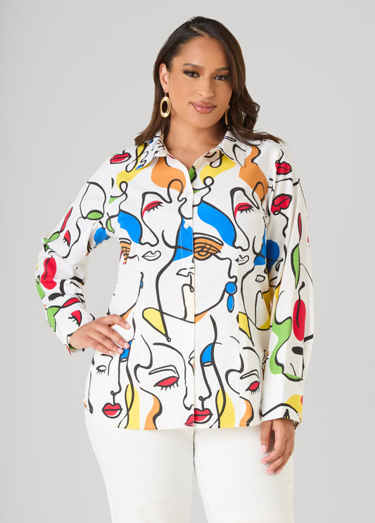 Ashley Stewart Face Print Collared Shirt White