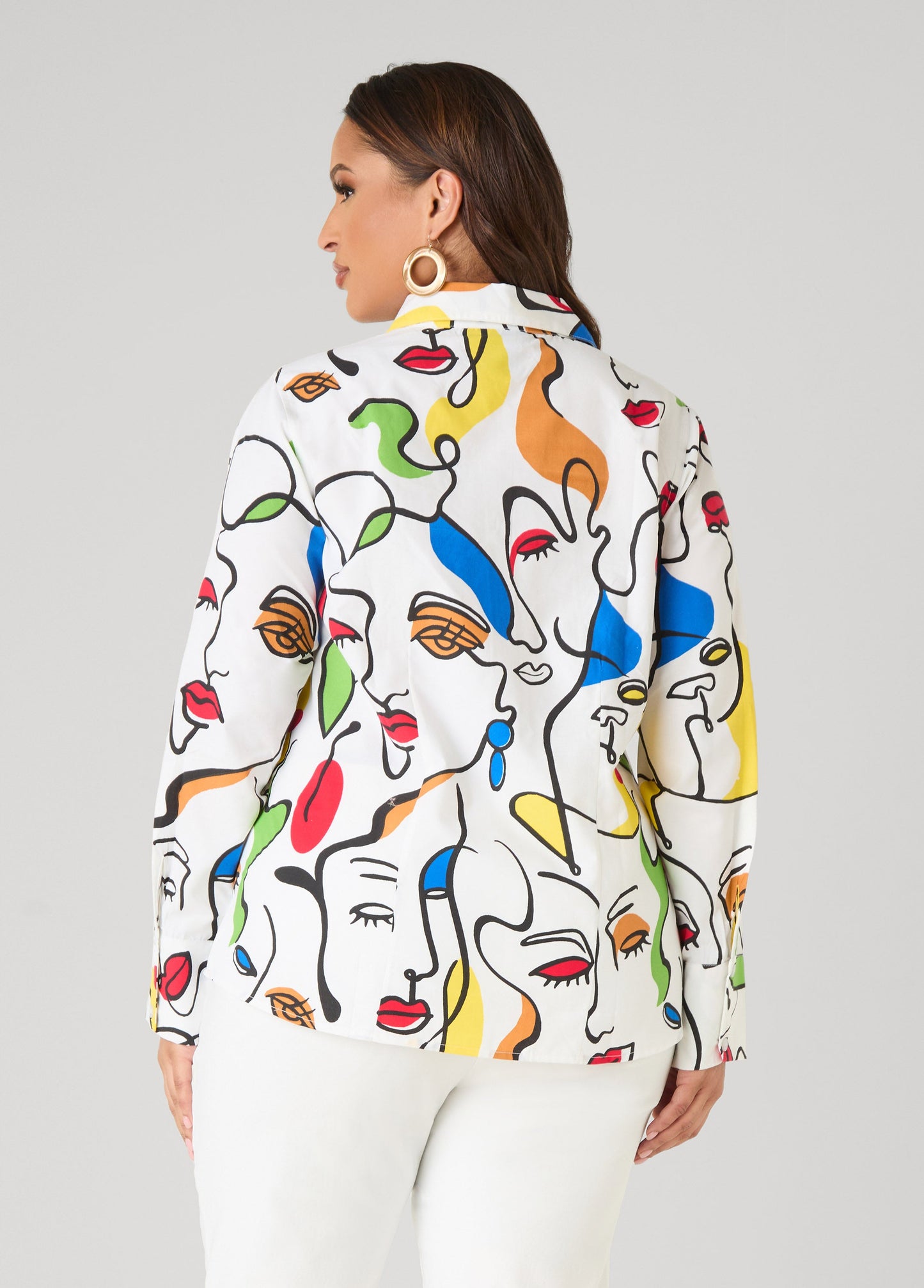 Ashley Stewart Face Print Collared Shirt White