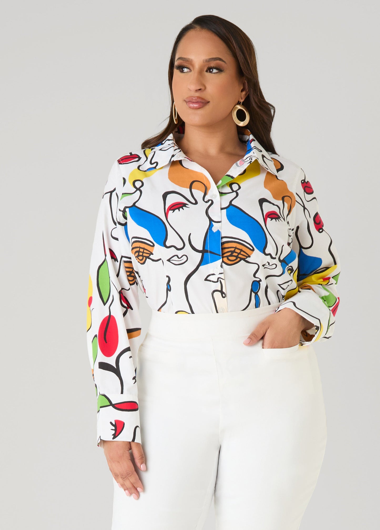 Ashley Stewart Face Print Collared Shirt White