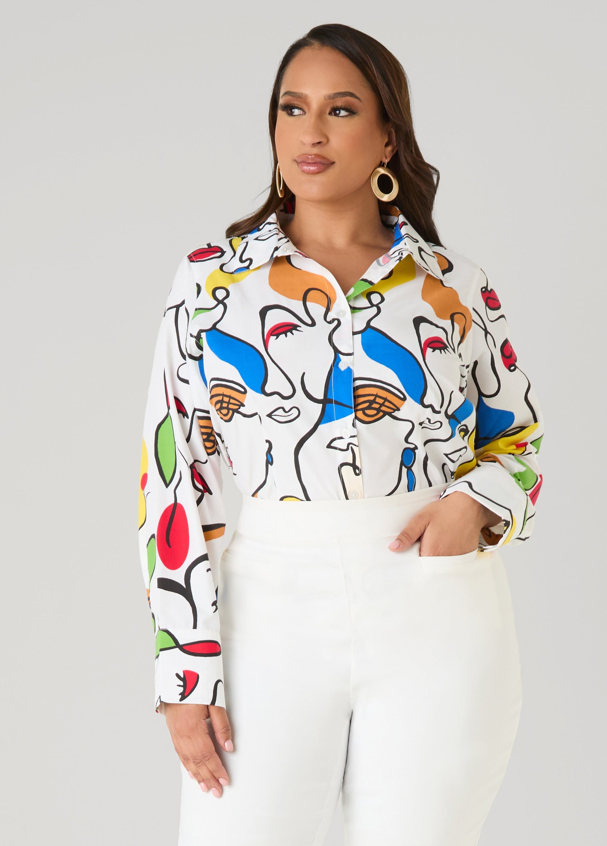 Ashley Stewart Face Print Collared Shirt White