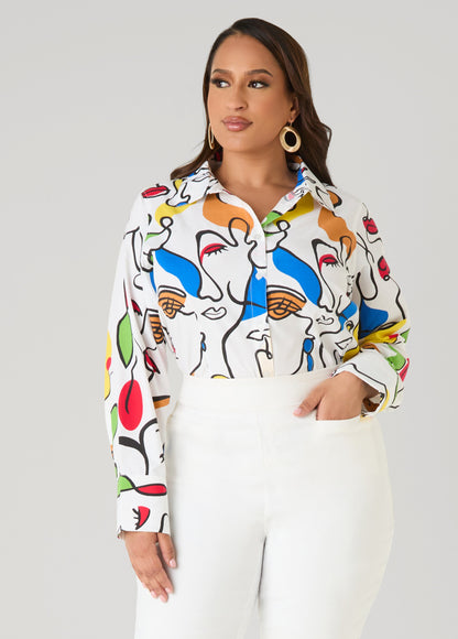 Ashley Stewart Face Print Collared Shirt White