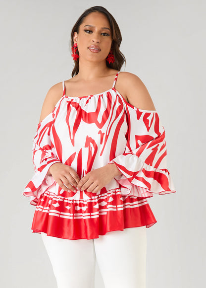 Ashley Stewart Cold Shoulder Printed Satin Blouse Poinsettia