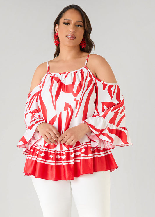 Ashley Stewart Cold Shoulder Printed Satin Blouse Poinsettia
