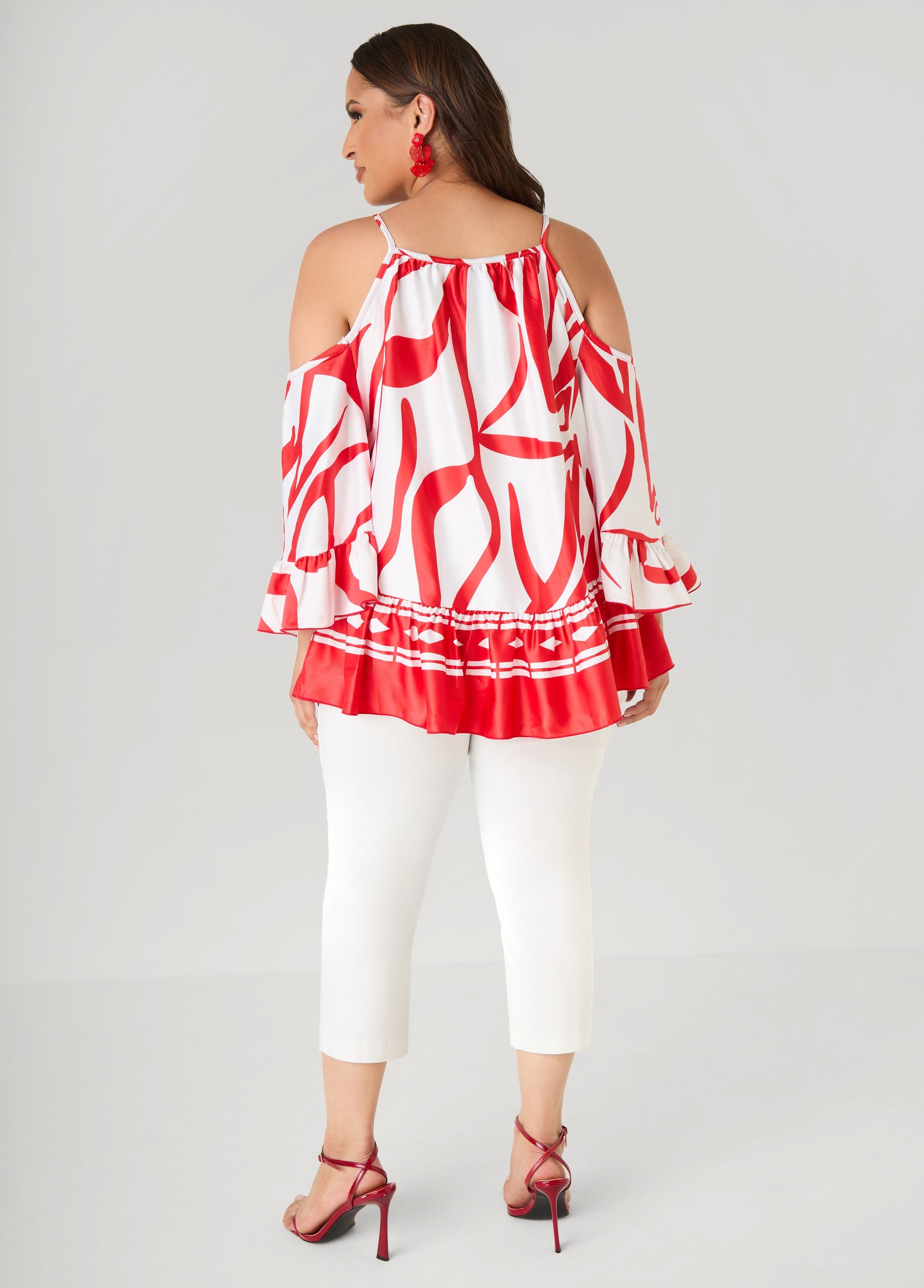 Ashley Stewart Cold Shoulder Printed Satin Blouse Poinsettia