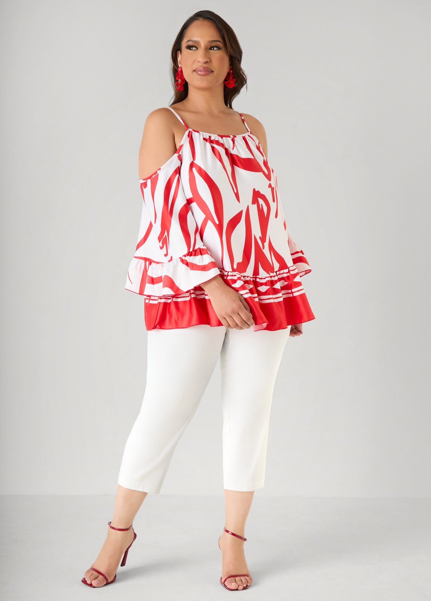 Ashley Stewart Cold Shoulder Printed Satin Blouse Poinsettia