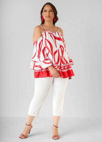 Ashley Stewart Cold Shoulder Printed Satin Blouse Poinsettia