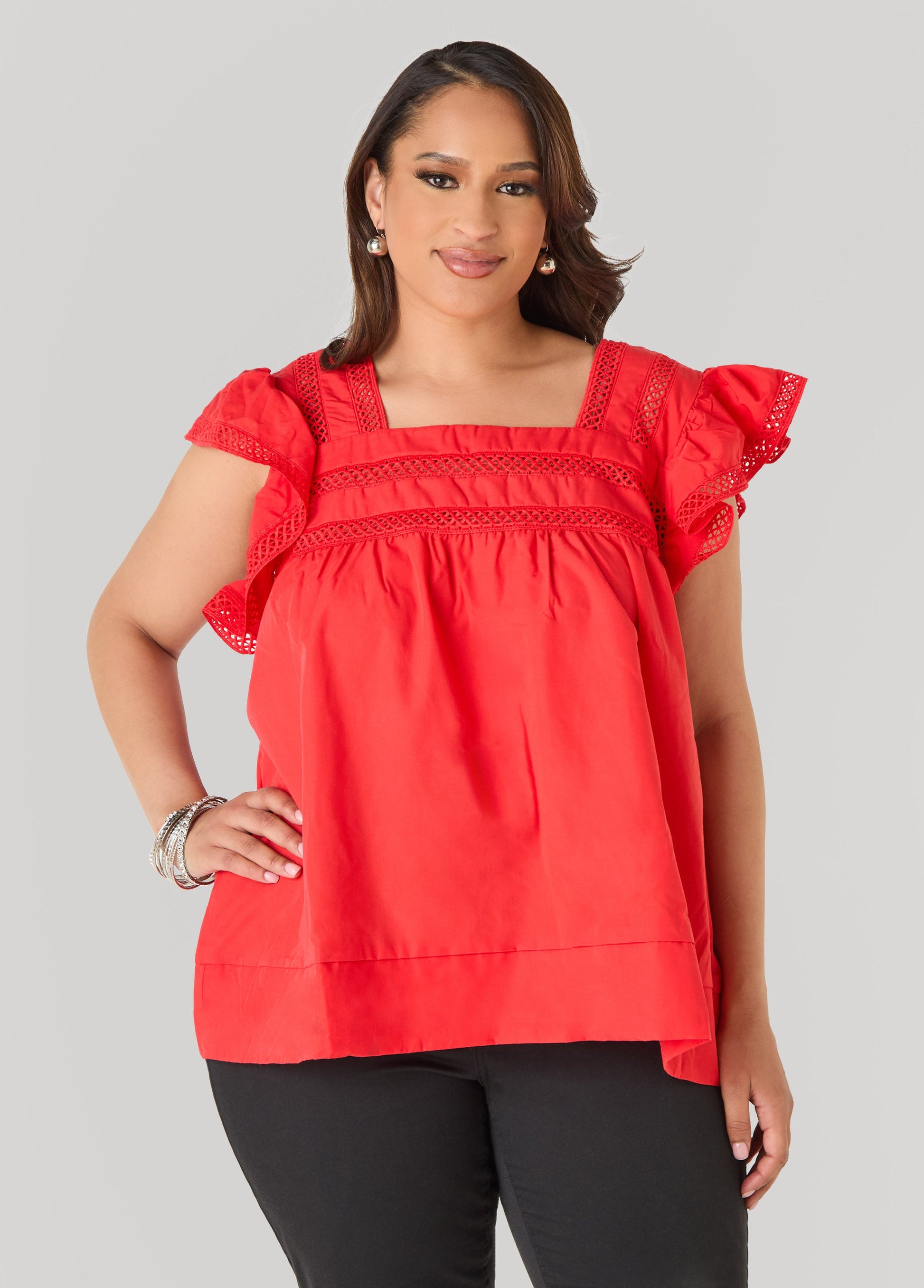 Ashley Stewart Lattice Trimmed Poplin Shirt Red