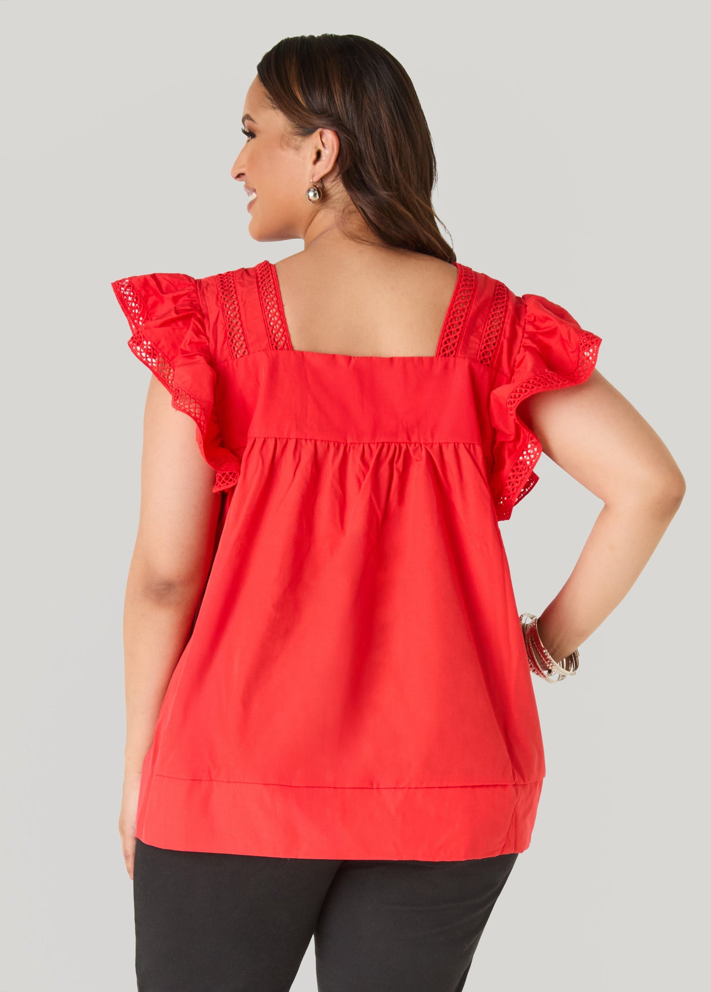 Ashley Stewart Lattice Trimmed Poplin Shirt Red