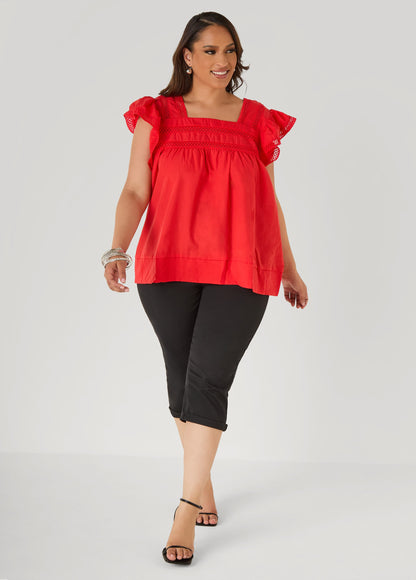 Ashley Stewart Lattice Trimmed Poplin Shirt Red
