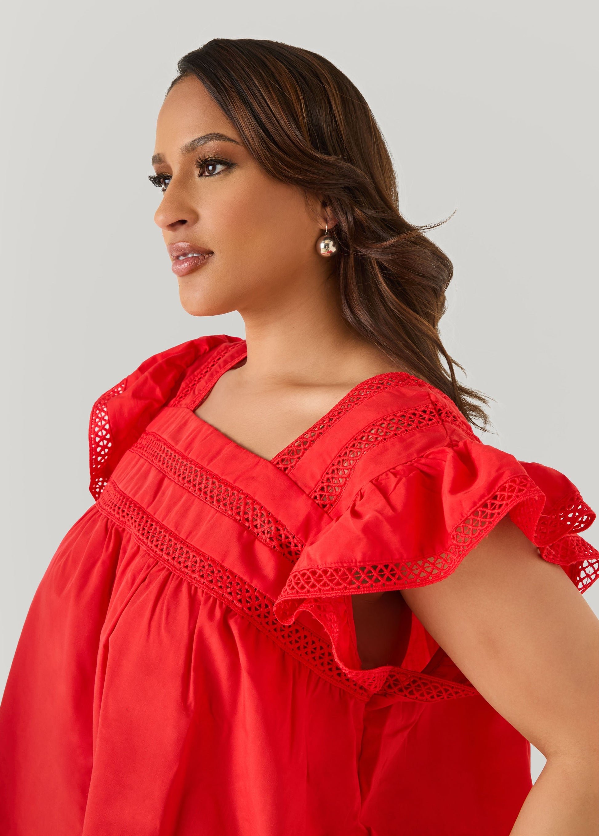 Ashley Stewart Lattice Trimmed Poplin Shirt Red