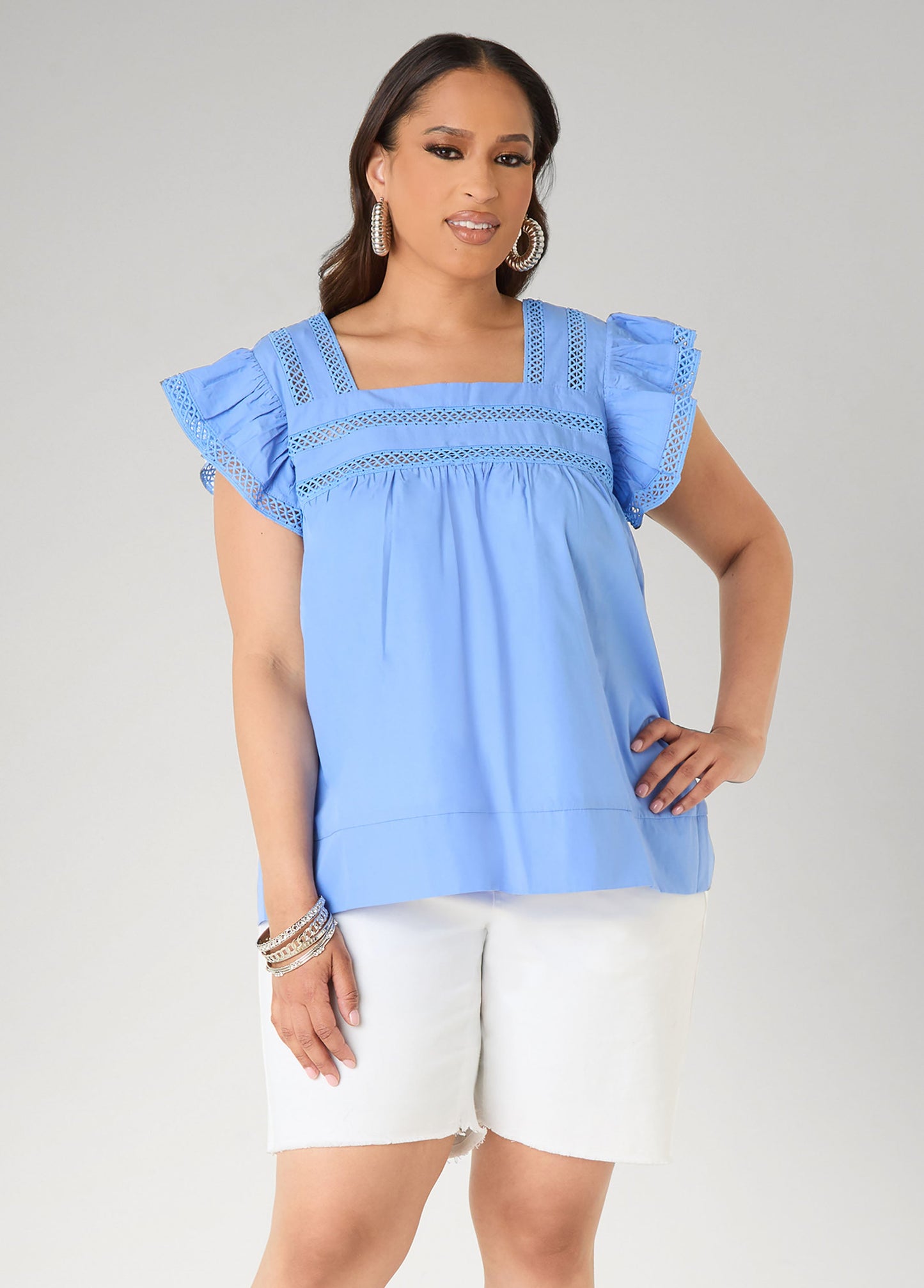 Ashley Stewart Lattice Trimmed Poplin Shirt Red
