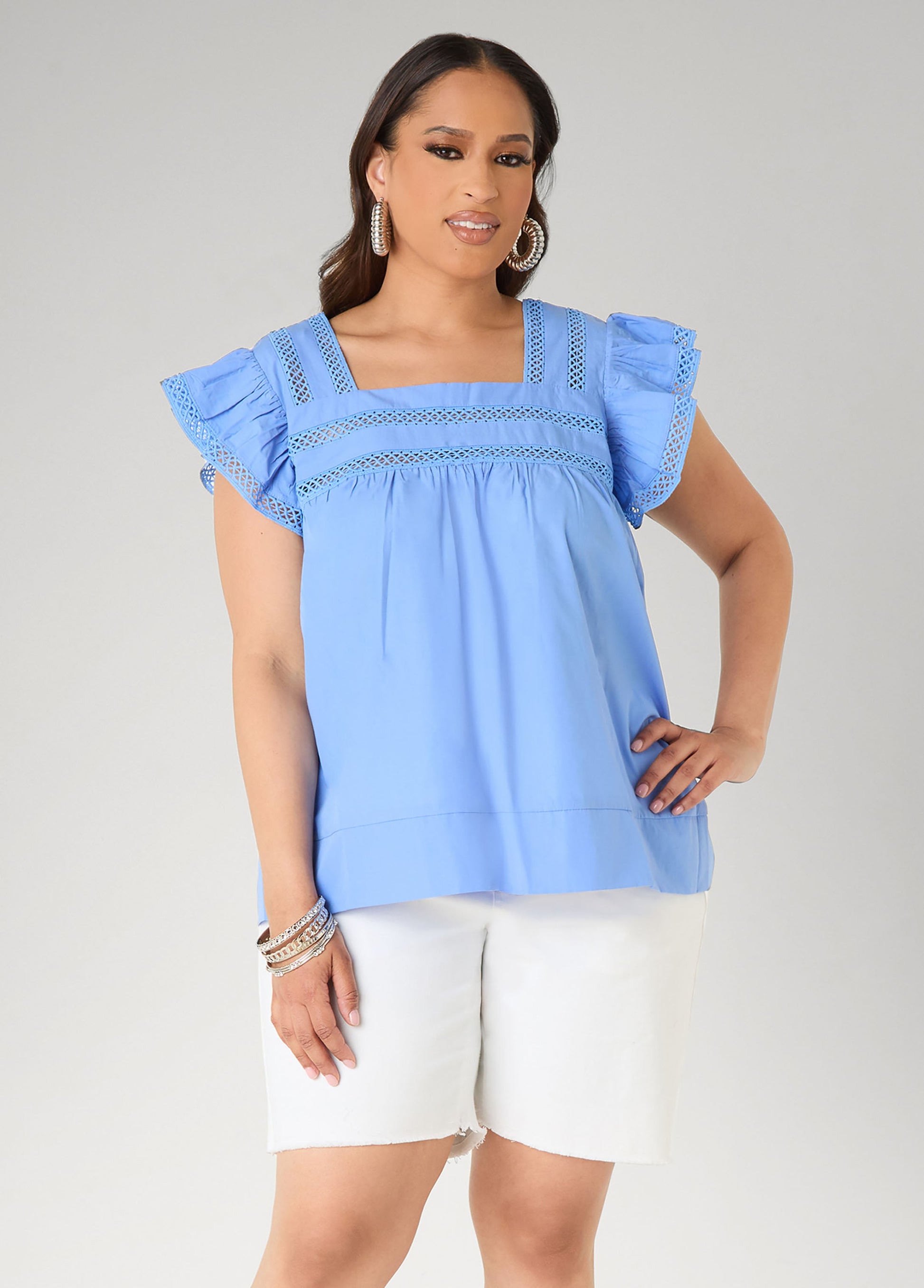 Ashley Stewart Lattice Trimmed Poplin Shirt Red