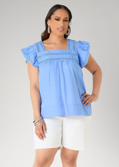 Ashley Stewart Lattice Trimmed Poplin Shirt Red