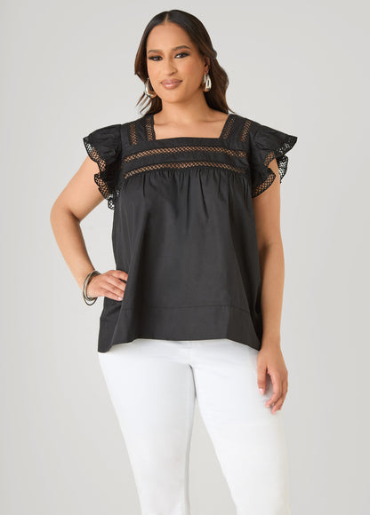 Ashley Stewart Lattice Trimmed Poplin Shirt Red