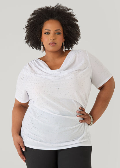 Ashley Stewart Crystal Cowl Neck Mesh Top White