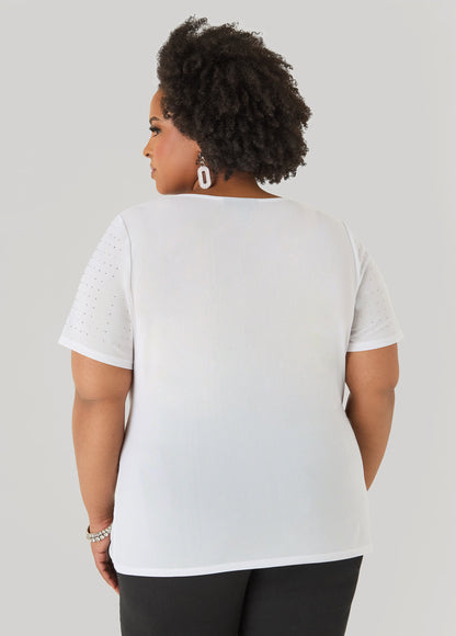 Ashley Stewart Crystal Cowl Neck Mesh Top White