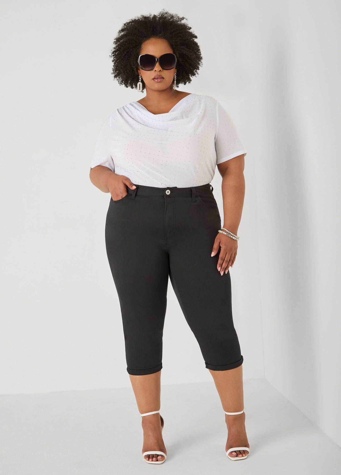 Ashley Stewart Crystal Cowl Neck Mesh Top White