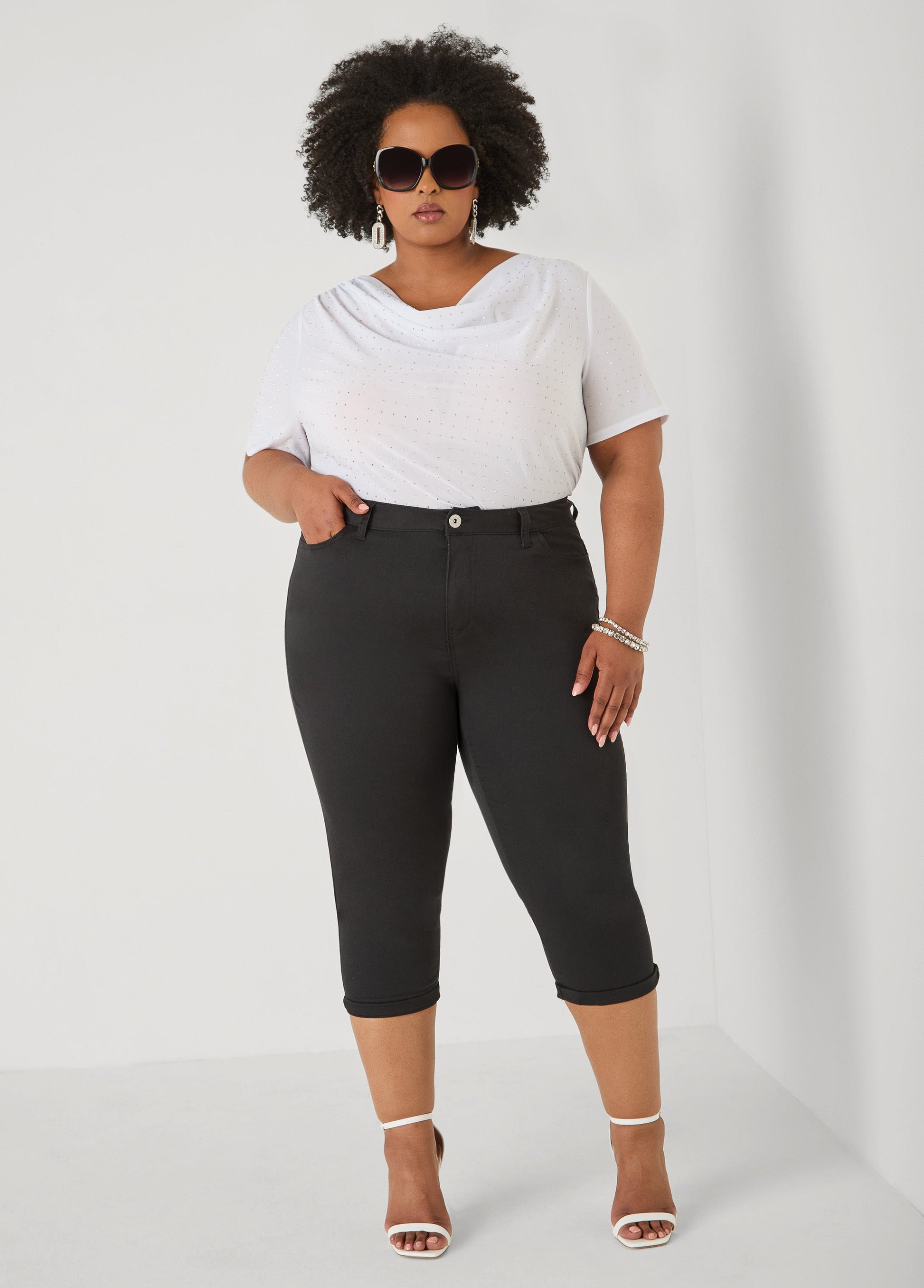 Ashley Stewart Crystal Cowl Neck Mesh Top White