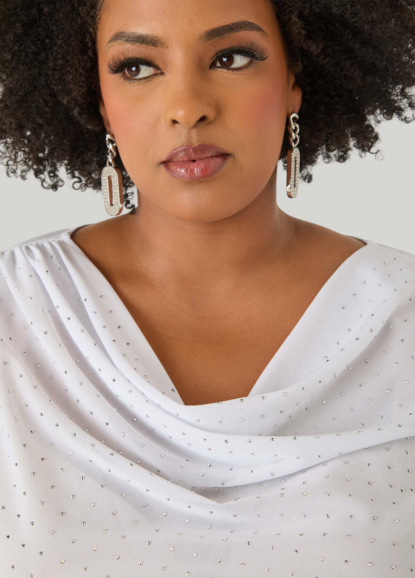Ashley Stewart Crystal Cowl Neck Mesh Top White