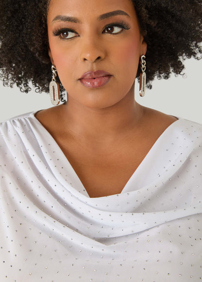Ashley Stewart Crystal Cowl Neck Mesh Top White