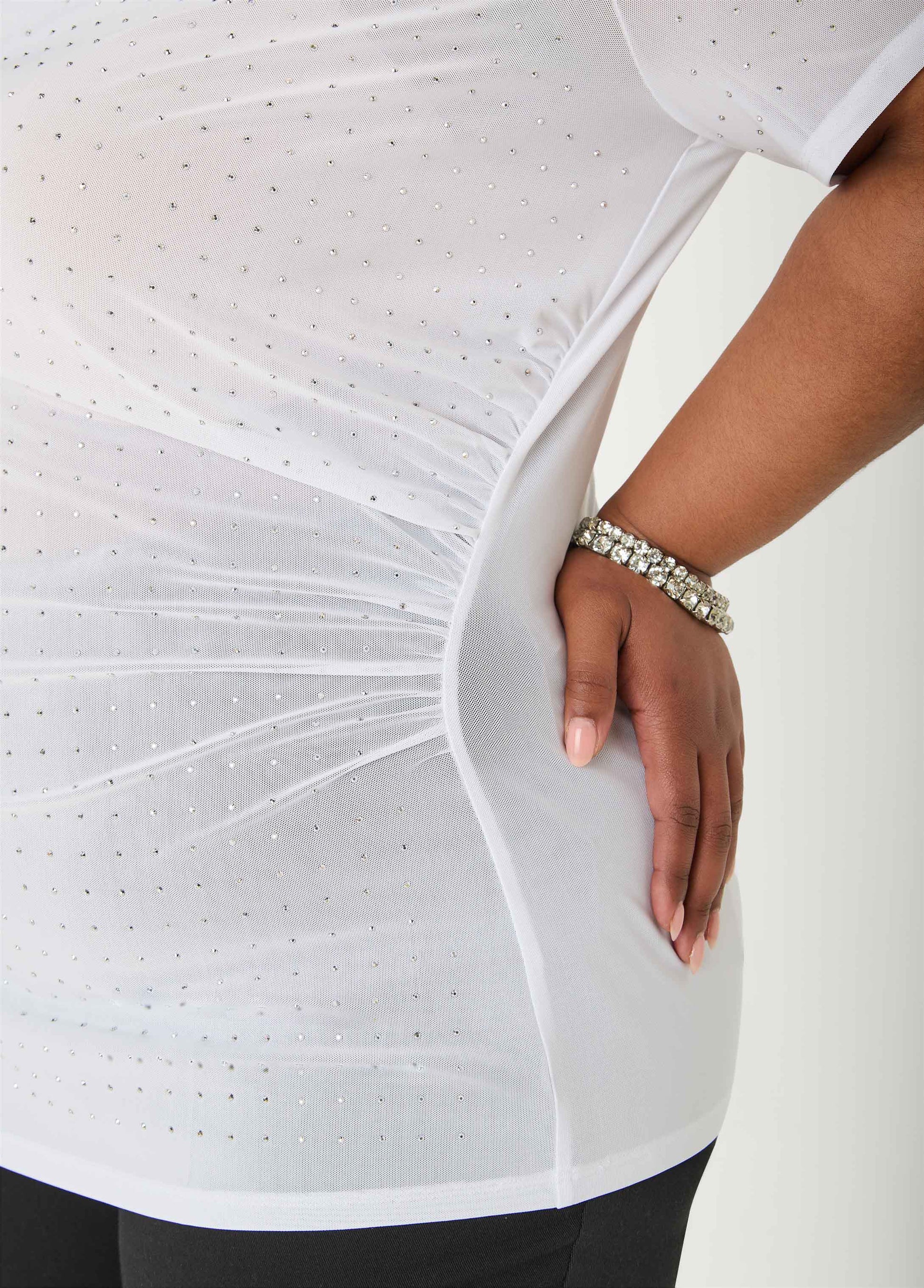 Ashley Stewart Crystal Cowl Neck Mesh Top White