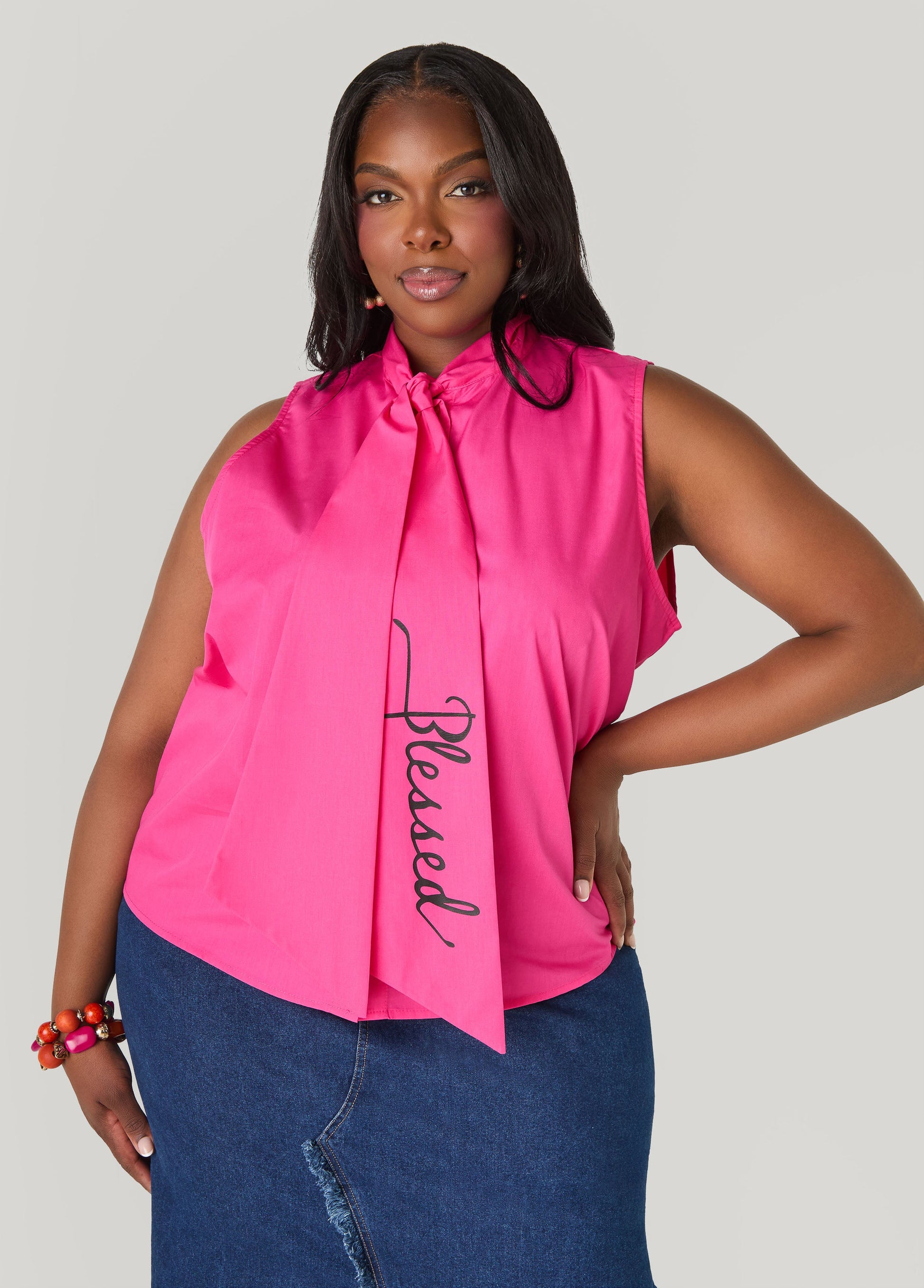 Ashley Stewart Blessed Tie Neck Top Fuchsia