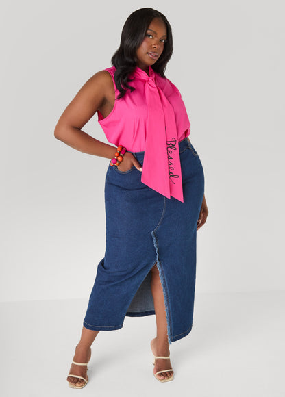 Ashley Stewart Blessed Tie Neck Top Fuchsia
