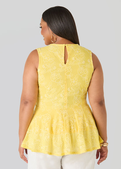 Ashley Stewart Floral Embroidered Peplum Top Primrose Yellow