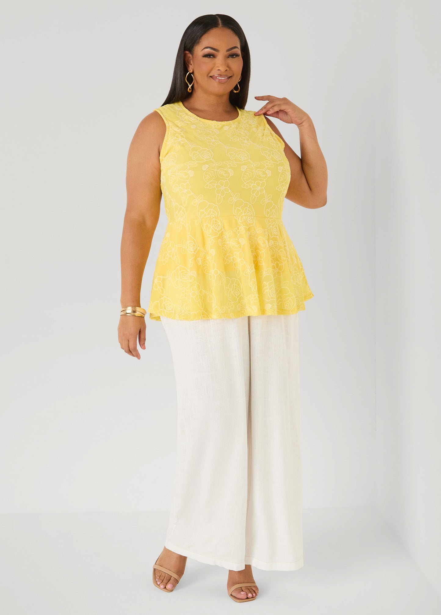 Ashley Stewart Floral Embroidered Peplum Top Primrose Yellow