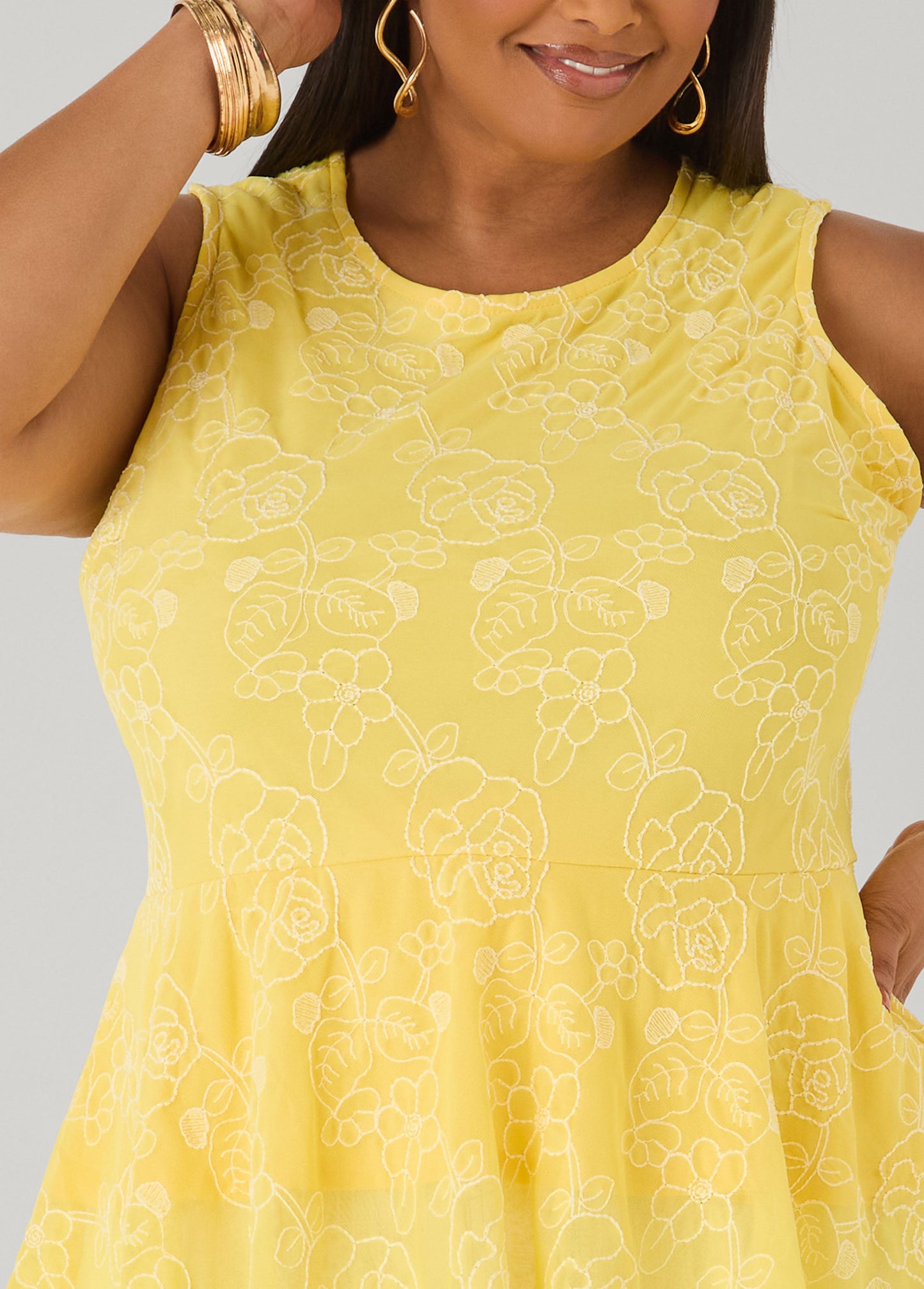 Ashley Stewart Floral Embroidered Peplum Top Primrose Yellow