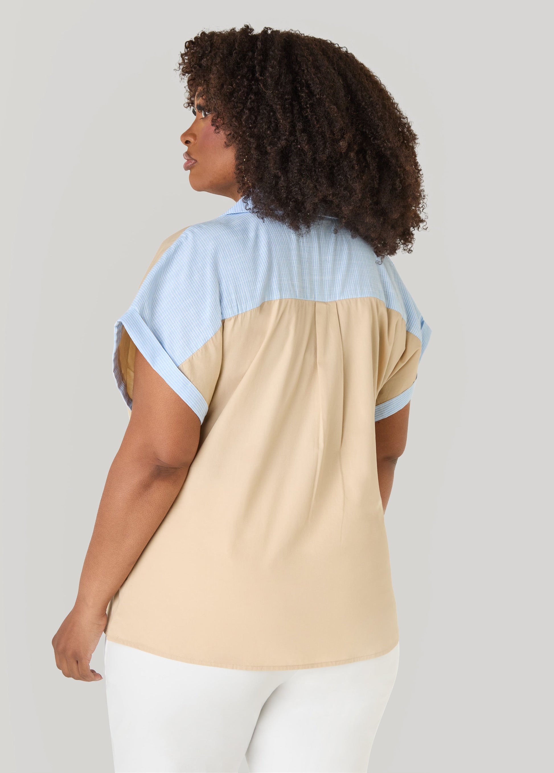 Ashley Stewart Striped Paneled Cotton Shirt Beige