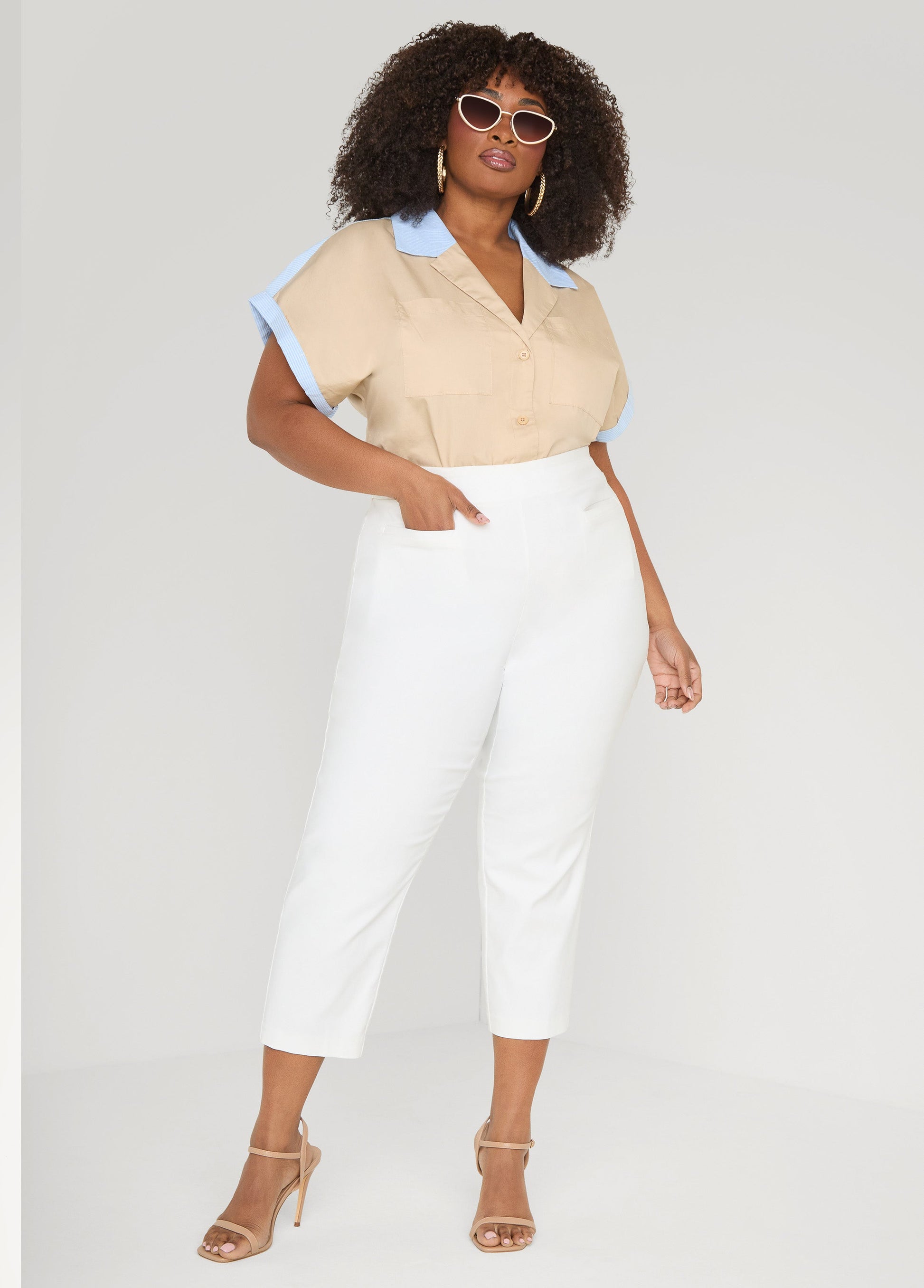 Ashley Stewart Striped Paneled Cotton Shirt Beige
