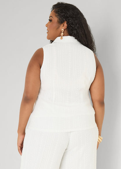 Ashley Stewart Eyelet Button Front Top White