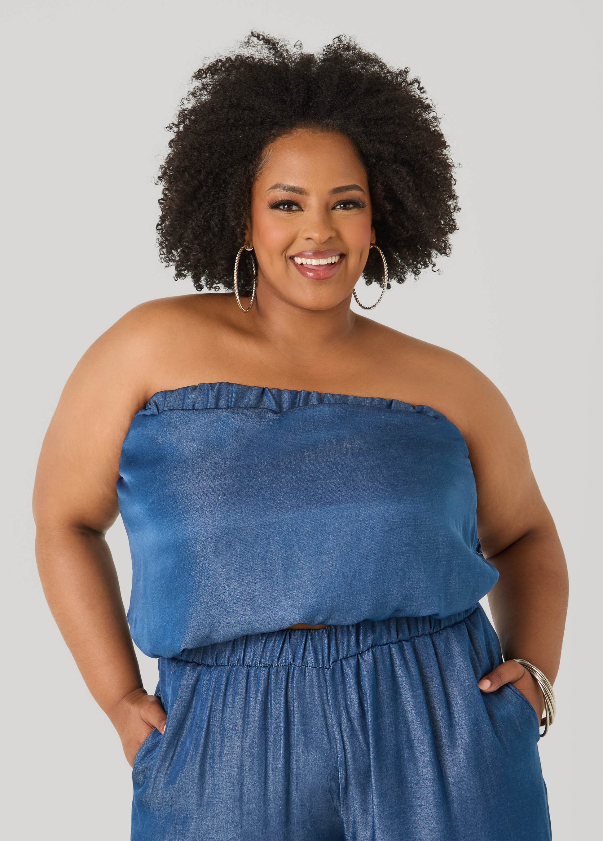 Ashley Stewart Plus Size Bubble Tube Top | Strapless Cropped Bandeau in Sage, Chambray & Beige Indigo