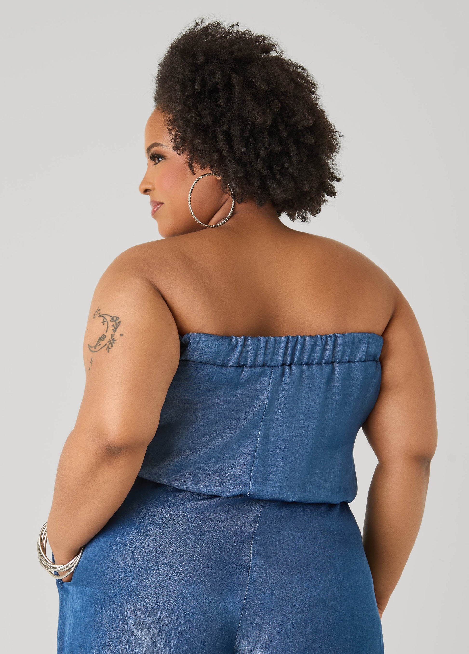 Ashley Stewart Plus Size Bubble Tube Top | Strapless Cropped Bandeau in Sage, Chambray & Beige Indigo