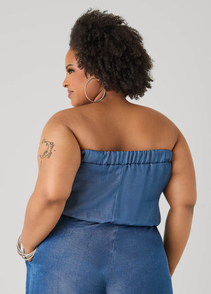 Ashley Stewart Plus Size Bubble Tube Top | Strapless Cropped Bandeau in Sage, Chambray & Beige Indigo