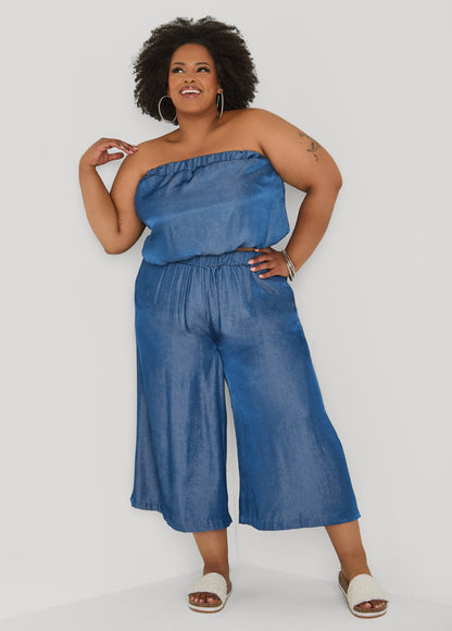 Ashley Stewart Plus Size Bubble Tube Top | Strapless Cropped Bandeau in Sage, Chambray & Beige Indigo