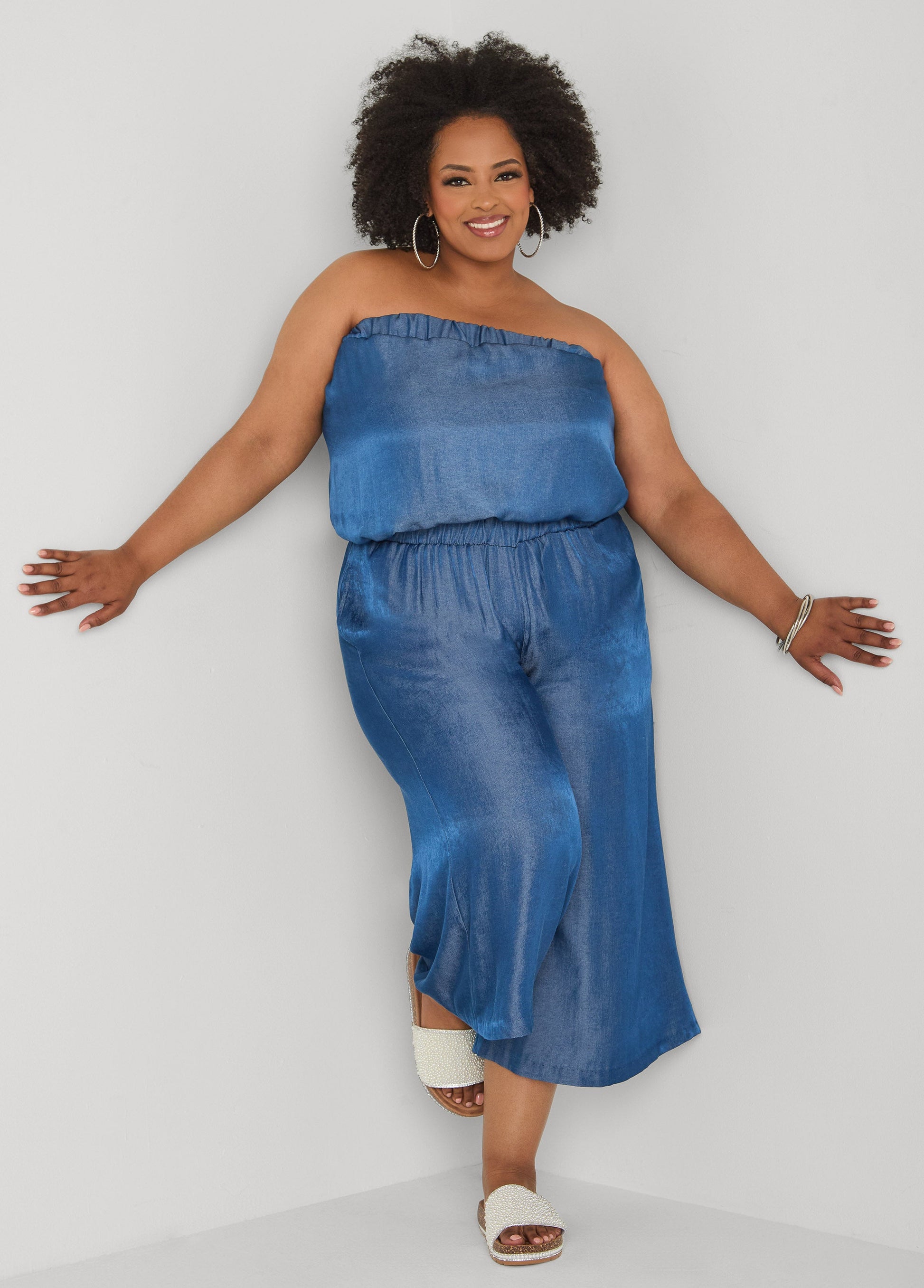 Ashley Stewart Plus Size Bubble Tube Top | Strapless Cropped Bandeau in Sage, Chambray & Beige Indigo