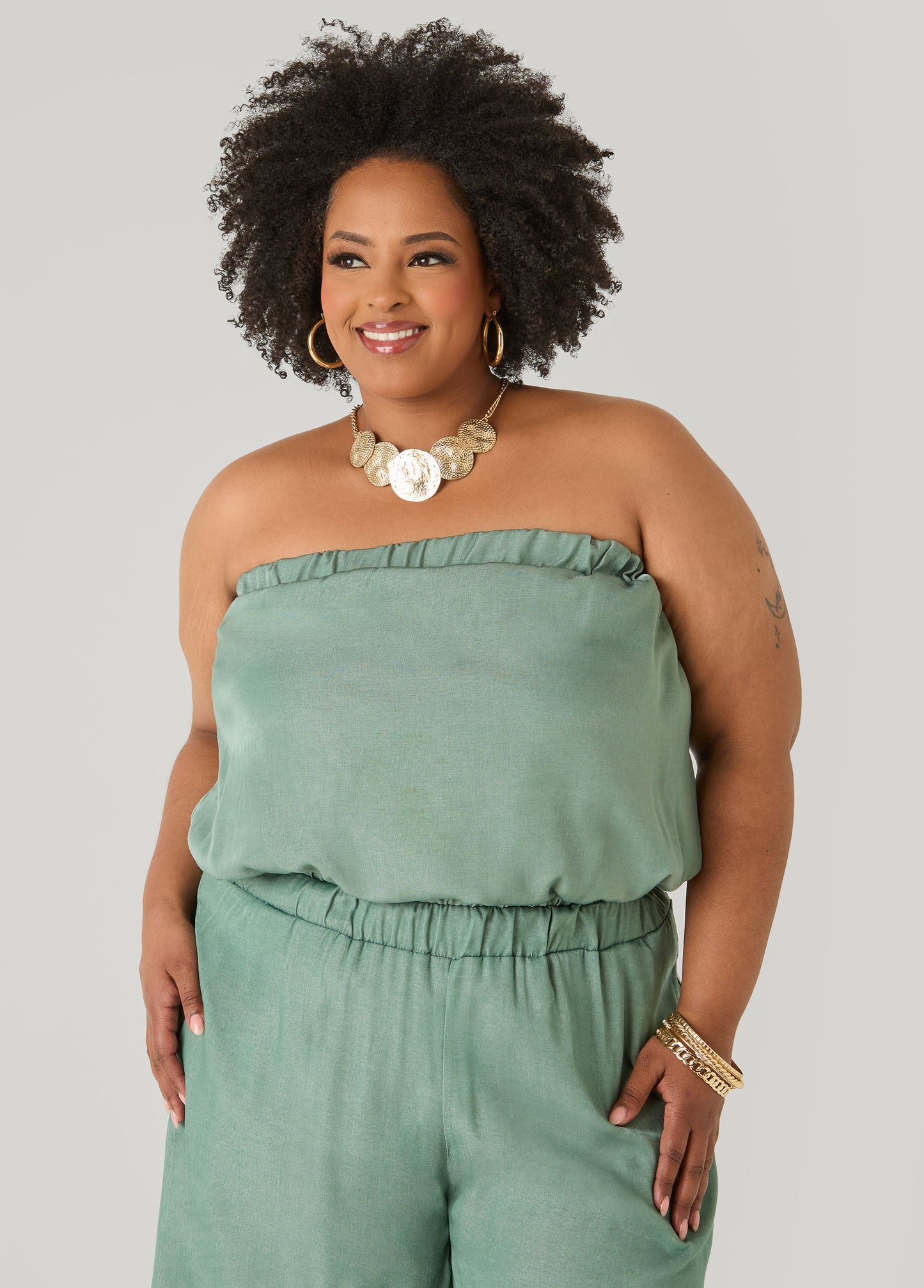 Ashley Stewart Plus Size Bubble Tube Top | Strapless Cropped Bandeau in Sage, Chambray & Beige Indigo