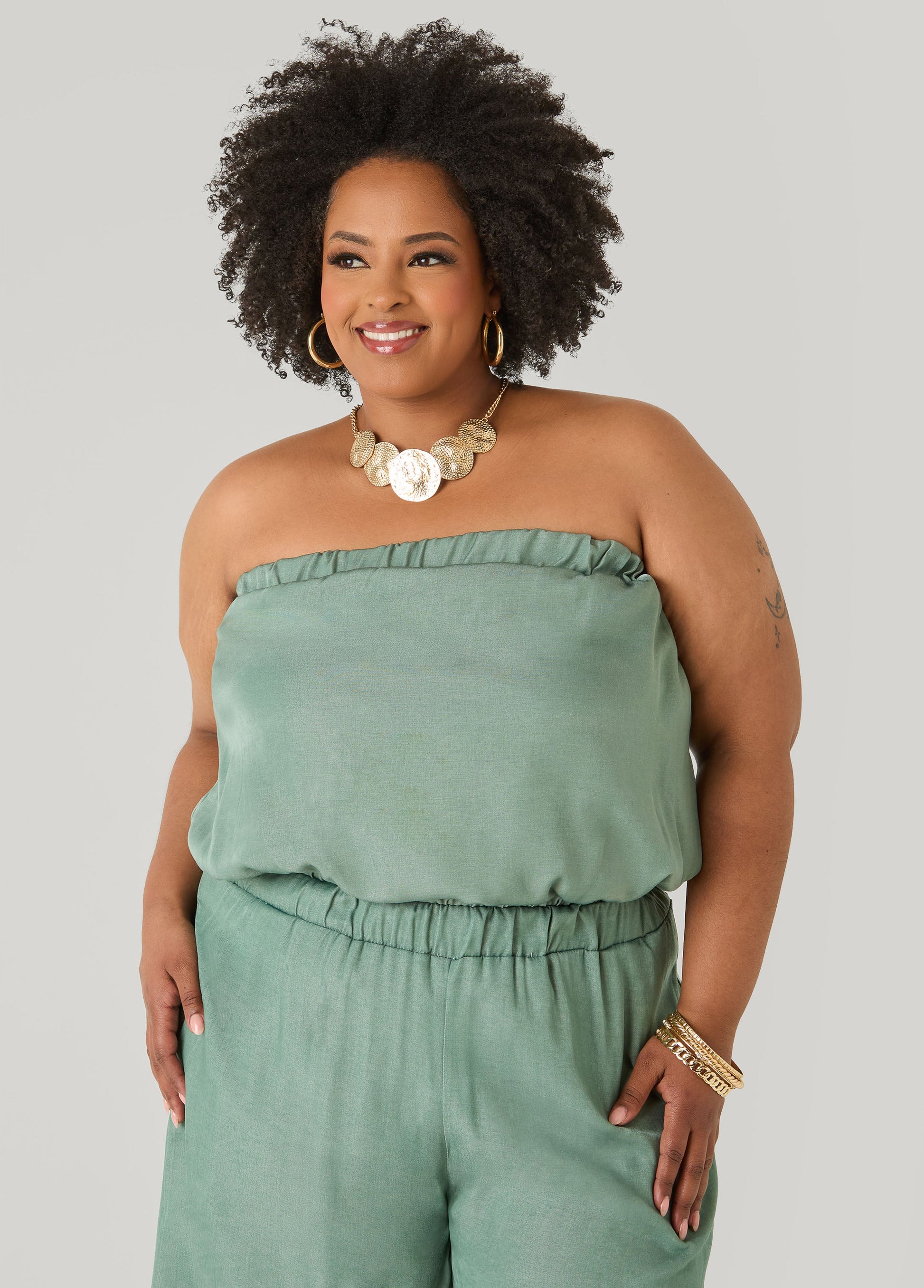 Ashley Stewart Plus Size Bubble Tube Top | Strapless Cropped Bandeau in Sage, Chambray & Beige Indigo