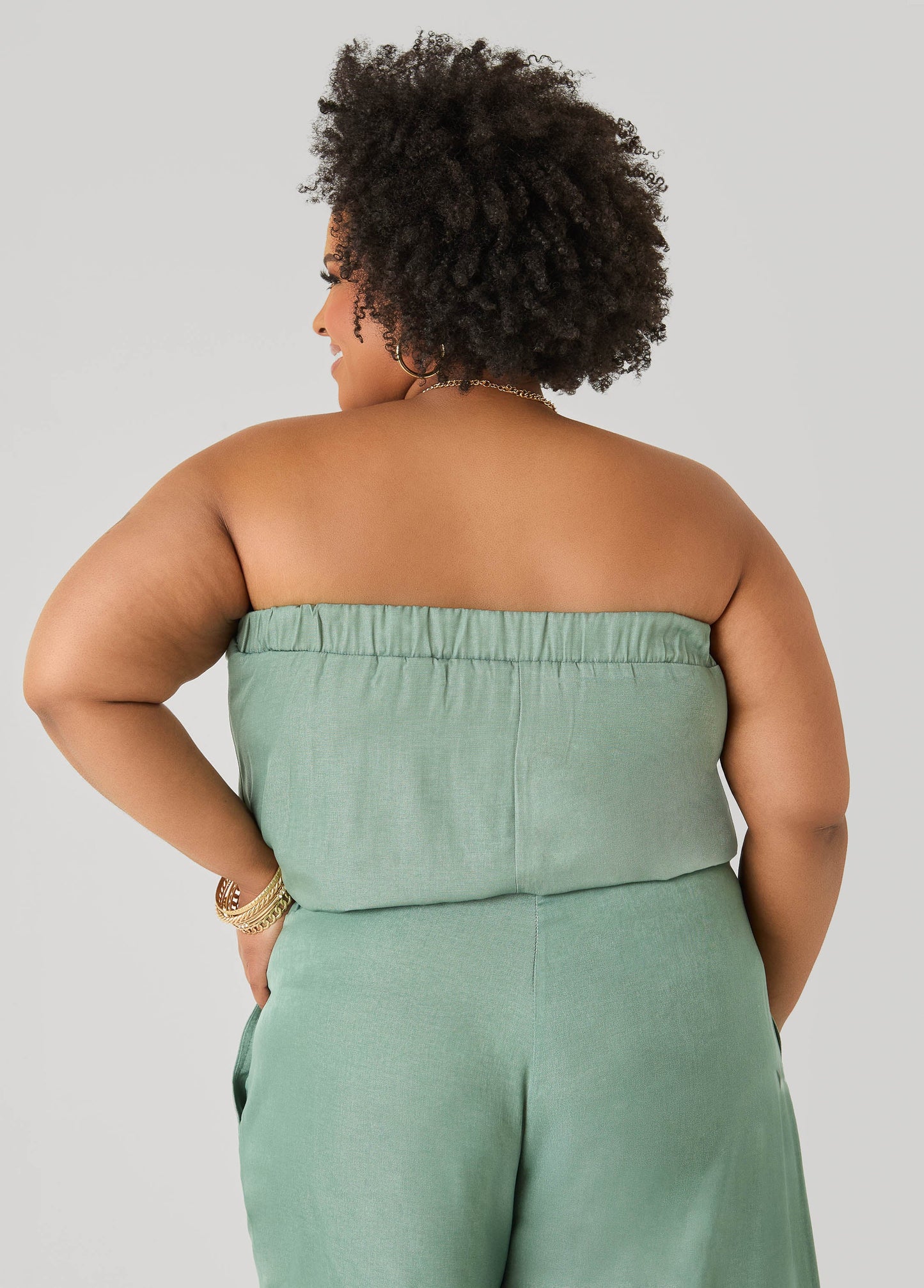 Ashley Stewart Plus Size Bubble Tube Top | Strapless Cropped Bandeau in Sage, Chambray & Beige Indigo