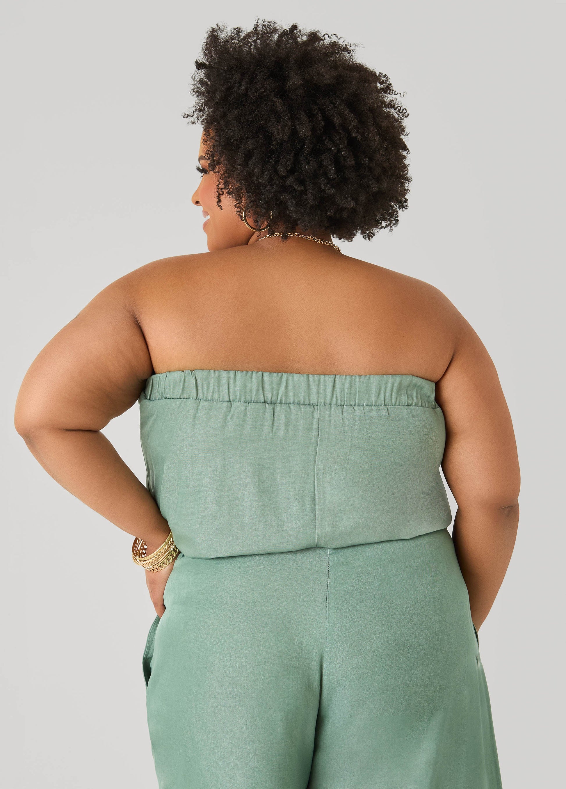 Ashley Stewart Plus Size Bubble Tube Top | Strapless Cropped Bandeau in Sage, Chambray & Beige Indigo