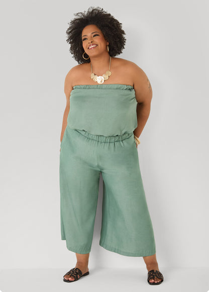 Ashley Stewart Plus Size Bubble Tube Top | Strapless Cropped Bandeau in Sage, Chambray & Beige Indigo