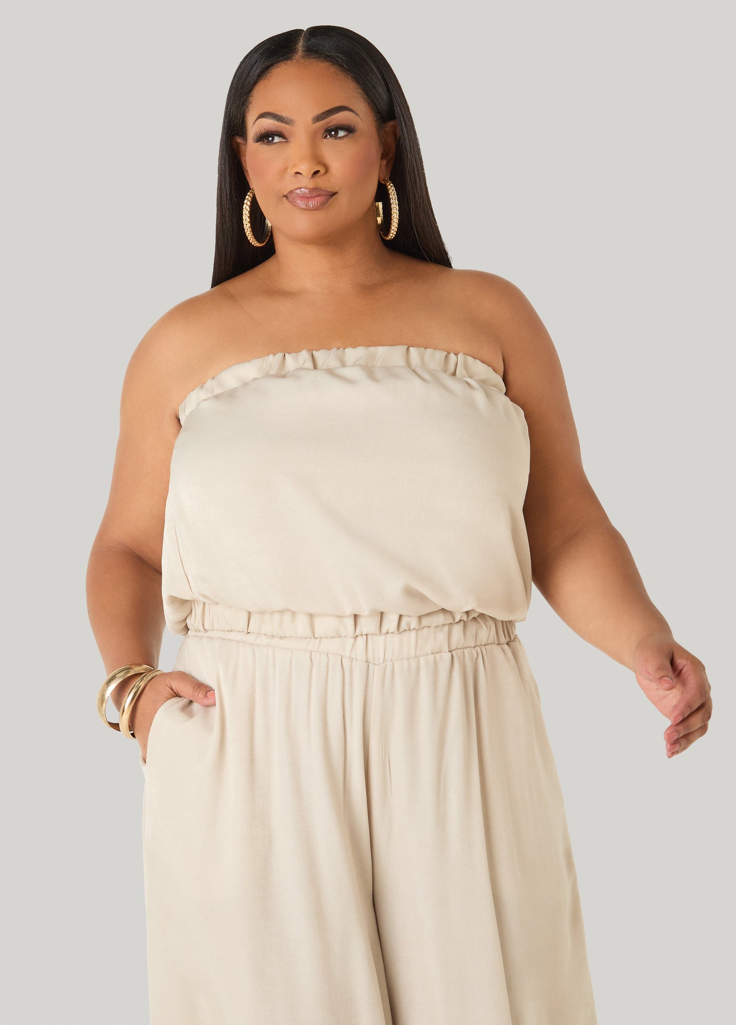 Ashley Stewart Plus Size Bubble Tube Top | Strapless Cropped Bandeau in Sage, Chambray & Beige Indigo